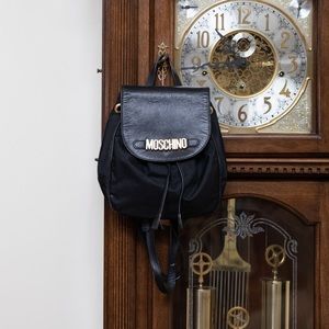 Y2K MOSCHINO MINI BLACK NYLON BACK PACK W/ LEATHER FLAP